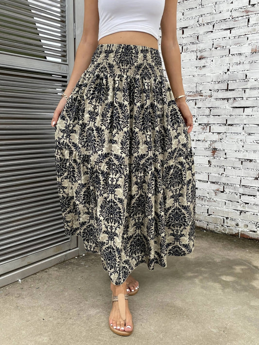 Printed Elastic Waist Maxi Skirt