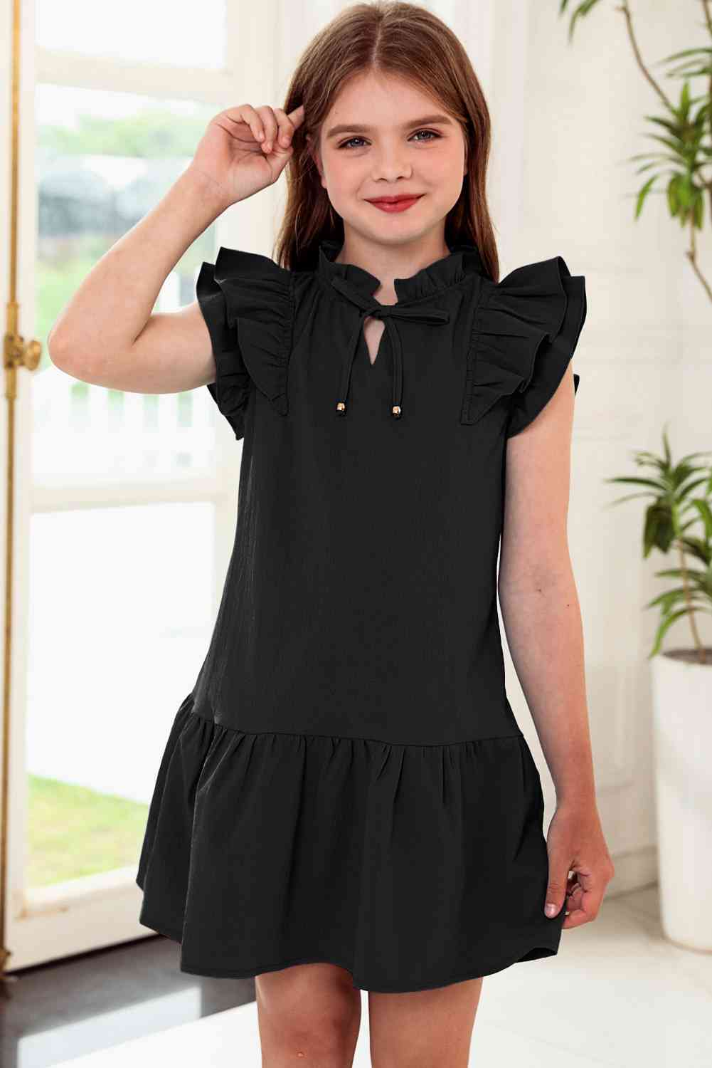 Girls Tie Neck Flutter Sleeve Dress