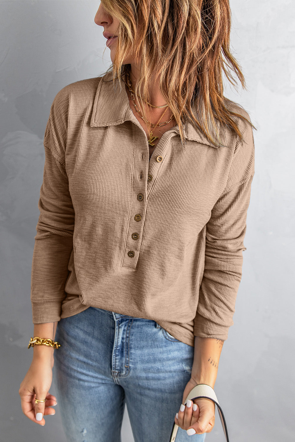 Half Button Collared Knit Top