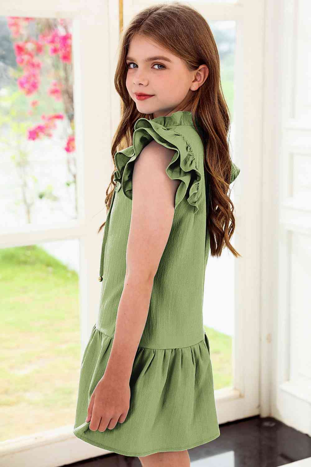 Girls Tie Neck Flutter Sleeve Dress