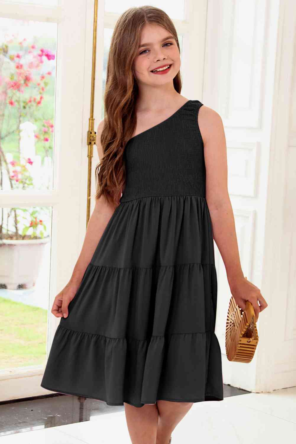 Girls One-Shoulder Sleeveless Tiered Dress