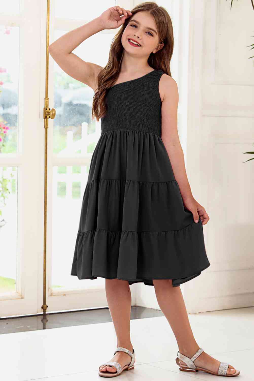 Girls One-Shoulder Sleeveless Tiered Dress