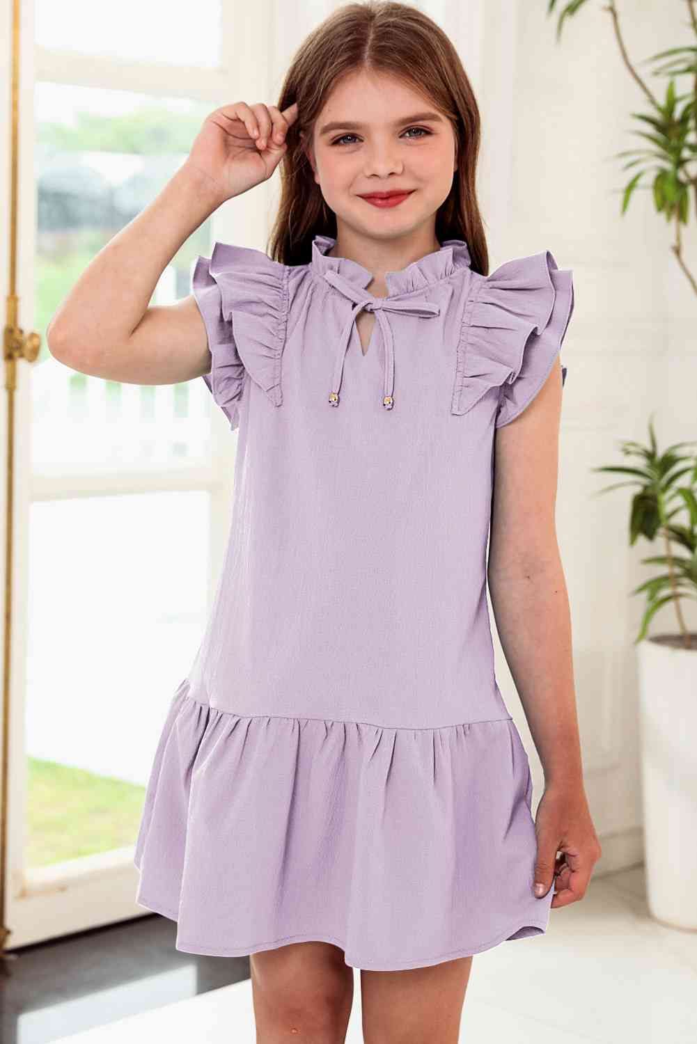 Girls Tie Neck Flutter Sleeve Dress