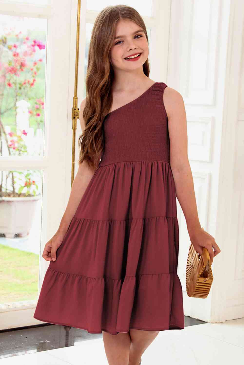 Girls One-Shoulder Sleeveless Tiered Dress