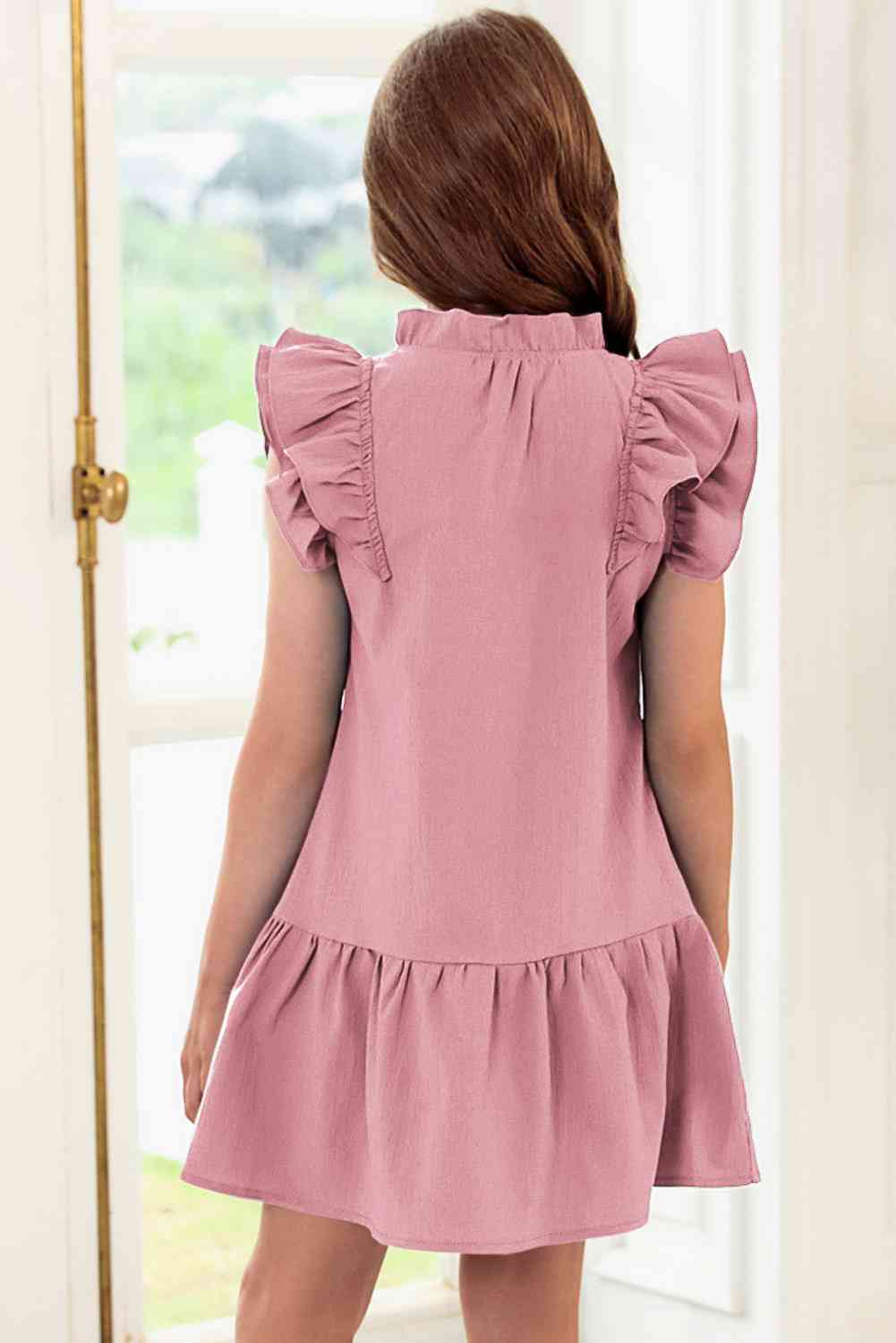 Girls Tie Neck Flutter Sleeve Dress