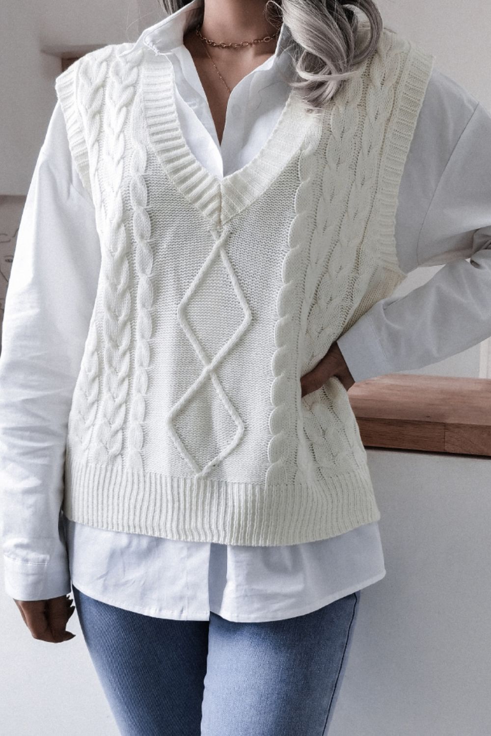 Cable-Knit V-Neck Sweater Vest