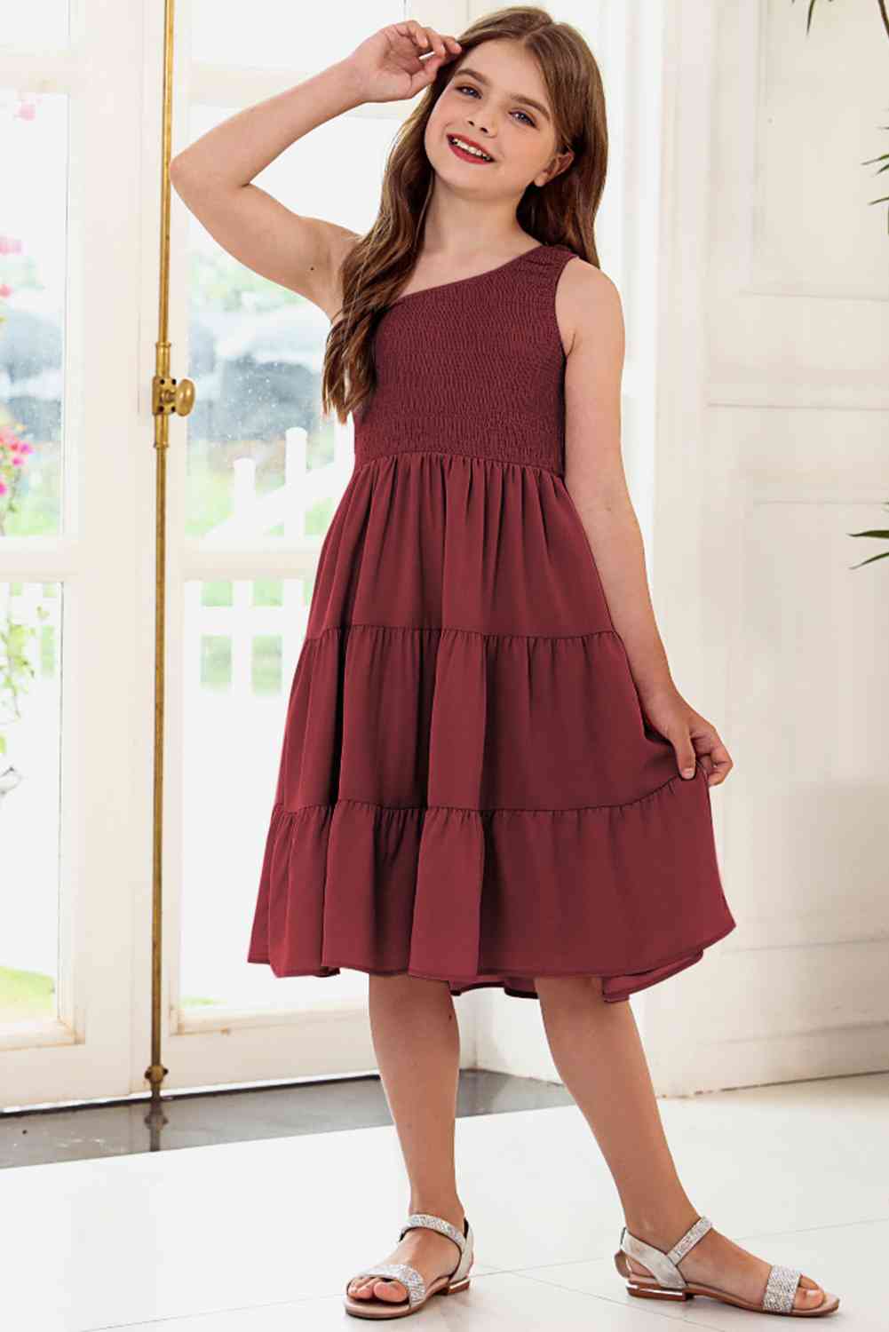 Girls One-Shoulder Sleeveless Tiered Dress