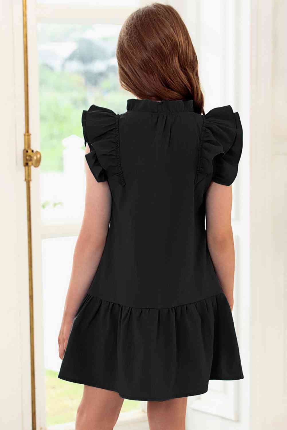 Girls Tie Neck Flutter Sleeve Dress