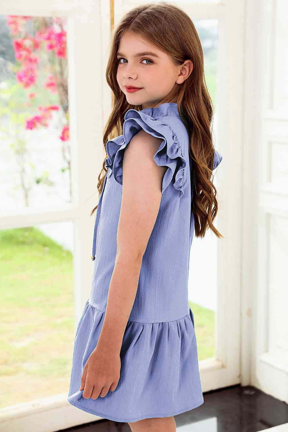 Girls Tie Neck Flutter Sleeve Dress