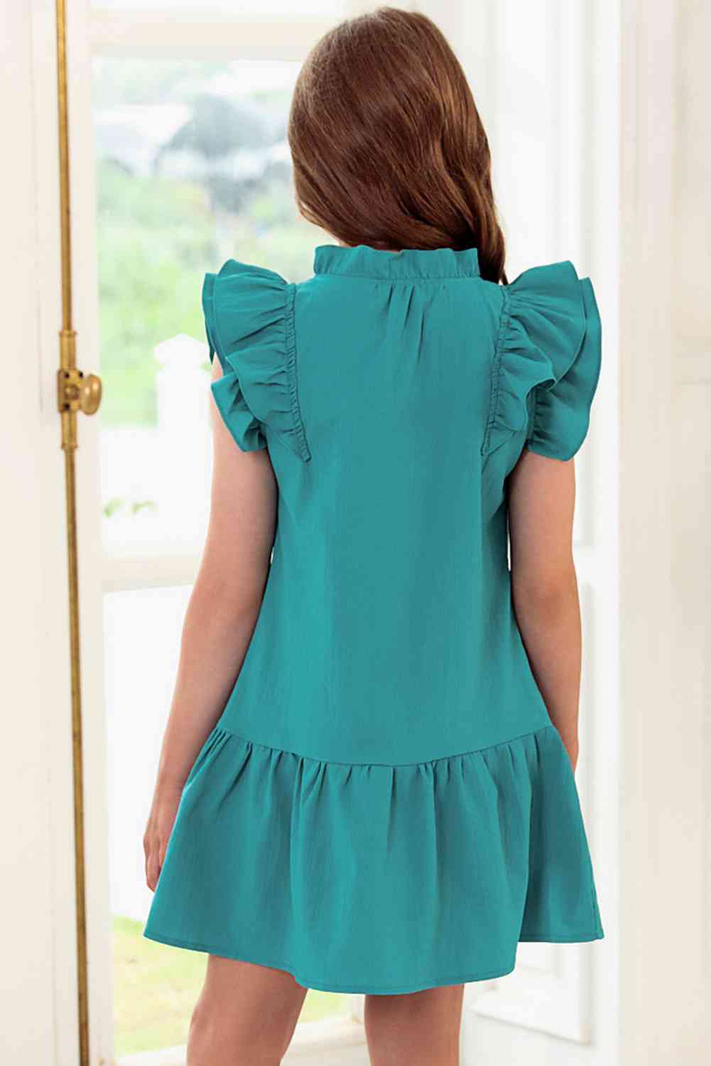 Girls Tie Neck Flutter Sleeve Dress